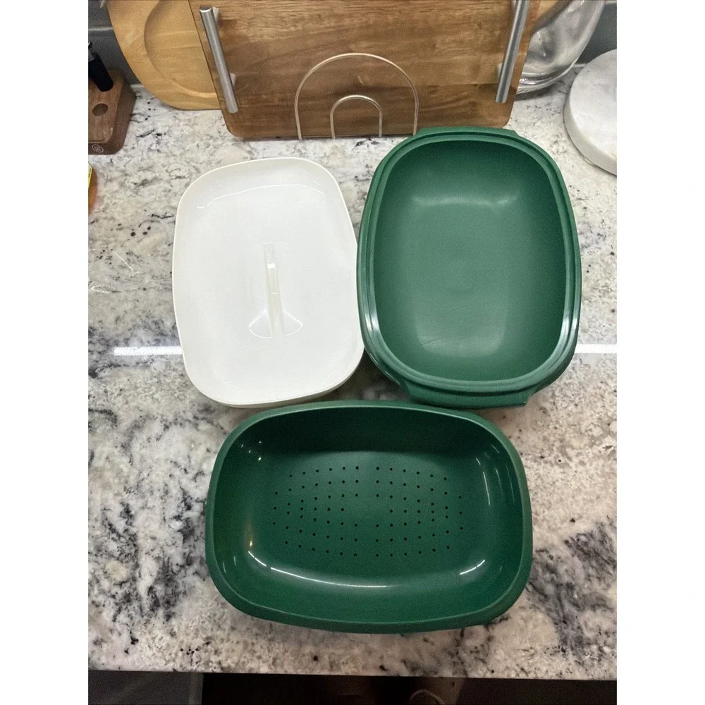 Vintage Tupperware Microwave Steamer Green & White 3 Piece Set